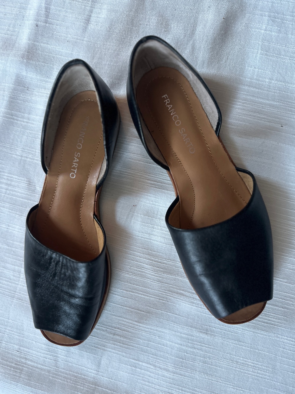 FRANCO SARTO Venezia Black Leather D'Orsay Peep Toe Flats | 7.5